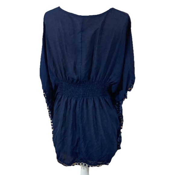 The Unbranded Brand Other - Navy Blue Boho Kimono Cover Up Pom Pom Trim Sheer Smocked Waist One Size